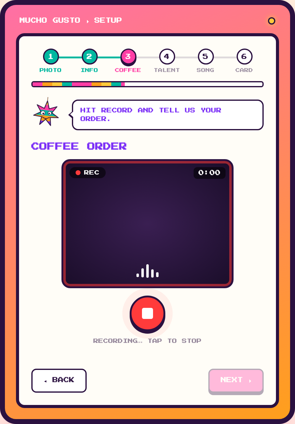 Recording an intro answer on camera, with a live waveform and REC timer